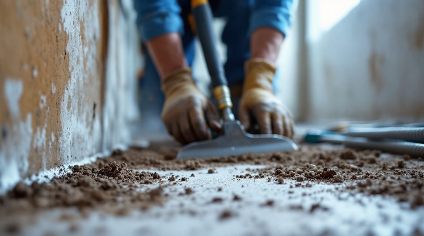 A wide-angle view of a clean crawl space floor completely covered in a thick, white plastic vapor barrier with concrete foundation walls.